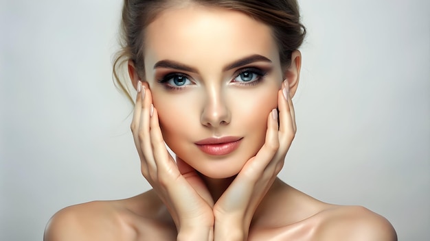 young woman with beautiful face touching healthy face