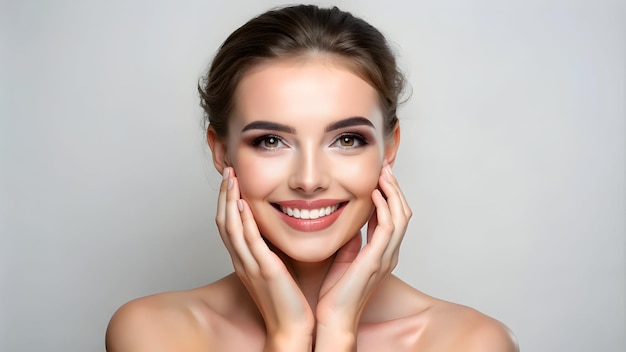 young woman with beautiful face touching healthy face