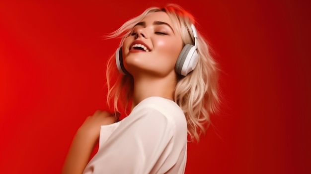 Young woman with big headphones dancing