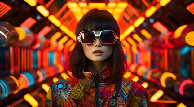 young woman with black hair and goggles on colorful background and contemporary fashion design