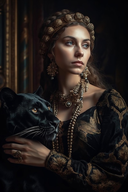 Young woman with black panther portrait of lady in oil painting style generative AI