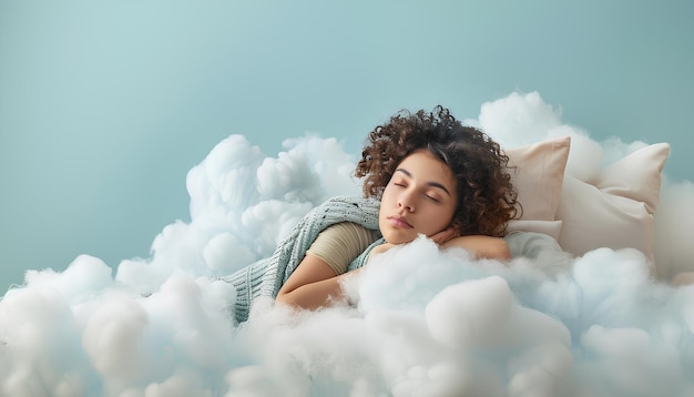 Young woman with blanket and pillow lying on soft cloud against light blue background