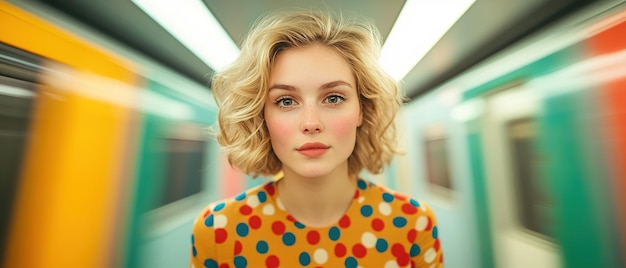 A Young Woman with Blonde Hair and a Polka Dot Dress Stands in a Subway Station