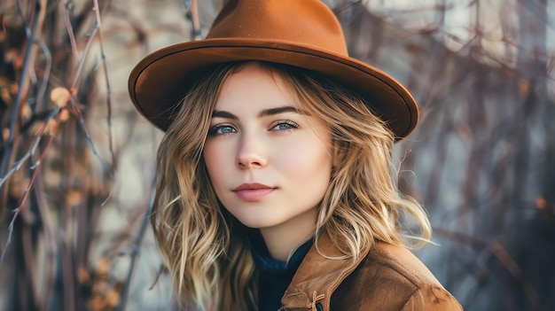 A young woman with blonde hair wearing a brown hat and jacket looking at the camera with a serious expression