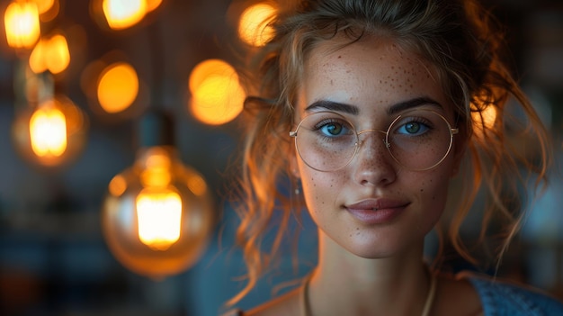 Young Woman With Blonde Hair Wearing Glasses Looking at Camera in Front of String Lights