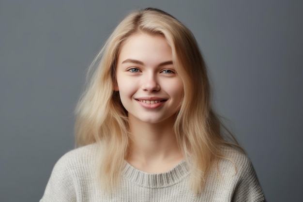 A young woman with blonde hair and a white sweater smiles.