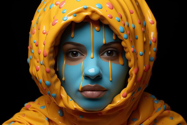 A young woman with a blue face and wearing a yellow jumpsuit