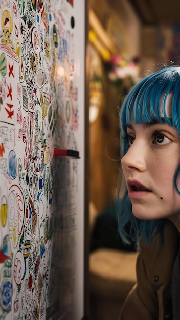 Photo young woman with blue hair looking at white board