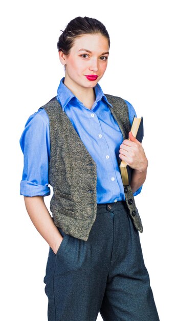 Young woman with book in hand on isolated white background, studio light