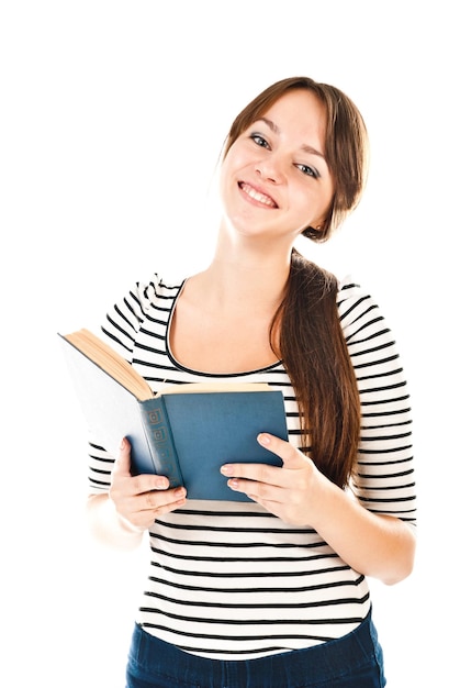 Young woman with book isolated on a white background