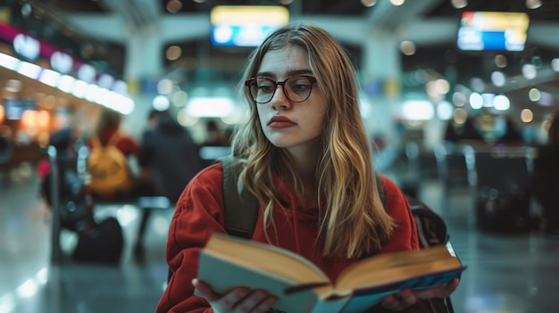 Young woman with book waits at airport gate deep in contemplation and lost in her own thoughts