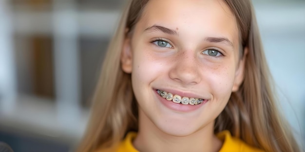 Photo young woman with braces smiling during orthodontic treatment for bite correction concept dental care braces orthodontic treatment smile transformation oral health