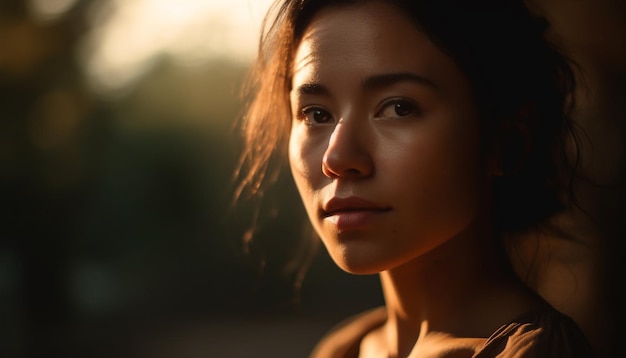 Young woman with brown hair looking outdoors confidently generated by AI