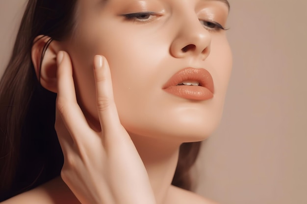 a young woman with brown hair posing with her hand on her lips in the style of fluid and organic l