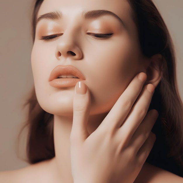 a young woman with brown hair posing with her hand on her lips in the style of fluid and organic l