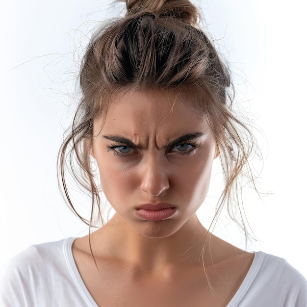 Young woman with brown hair in white shirt frowning and looking angry isolated on white background