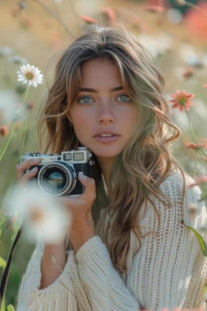 Young Woman with Camera in a Field of Flowers