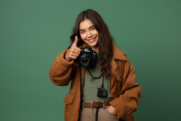 A young woman with a camera giving a thumbs up.