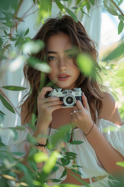 Young woman with camera in nature