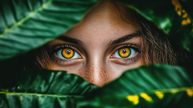 Photo a young woman with captivating yellowgreen eyes gazes out from behind vibrant green leaves surrounded by nature on a bright day exuding a sense of intrigue and connection to the environment