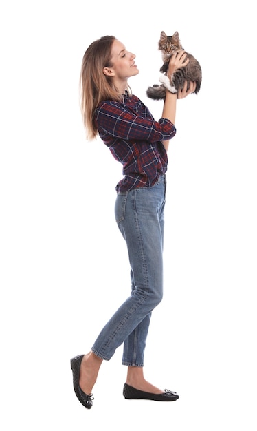 Young woman with cat on white background Owner and pet