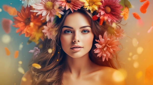 Young woman with chamomile flowers in summer