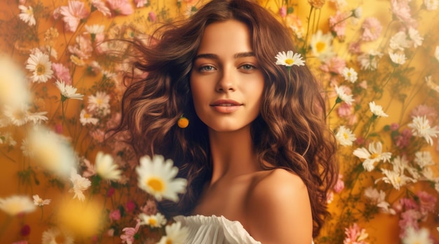 Young woman with chamomile flowers in summer