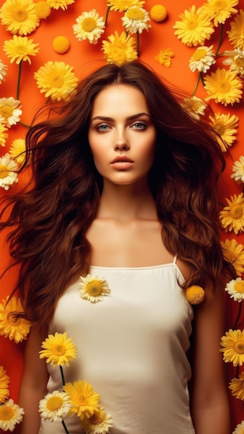 Young woman with chamomile flowers in summer