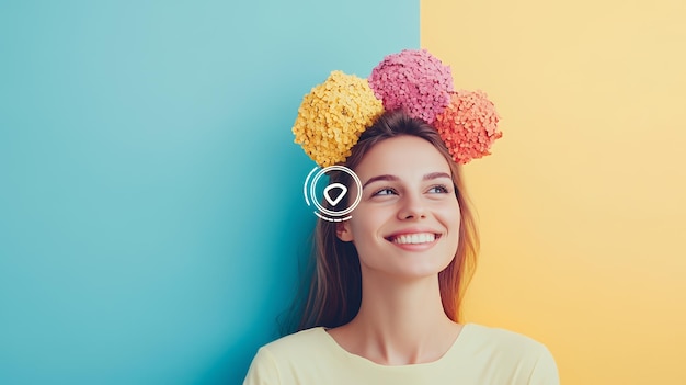 Photo young woman with a cheerful smile wearing a yellow shirt with colorful flowers on her head on a blue and yellow background