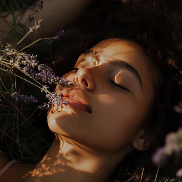 A young woman with closed eyes lays in a field of lavender basking in the warm sunlight