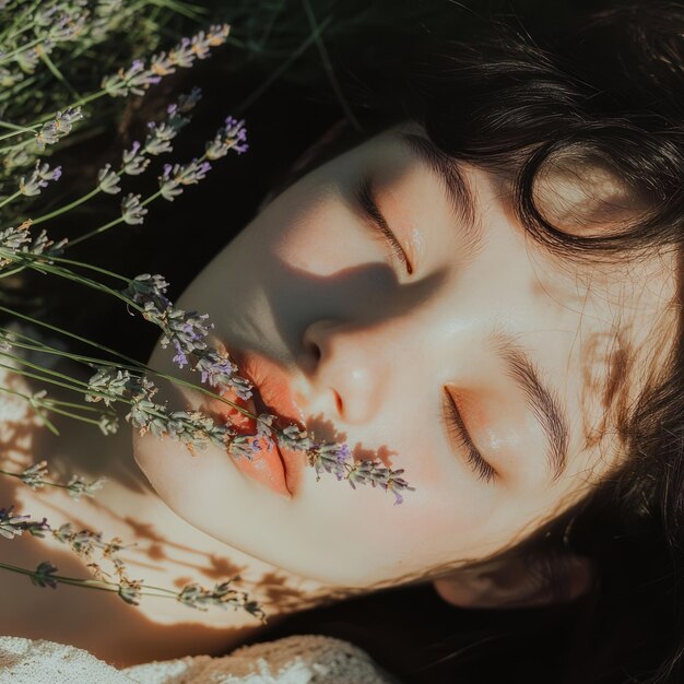 A young woman with closed eyes lies in a field of lavender bathed in sunlight