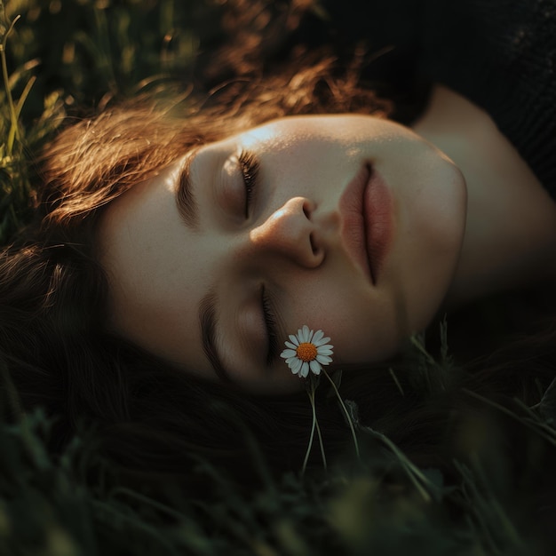 Photo a young woman with closed eyes rests peacefully in a field of grass a single daisy resting on her cheek