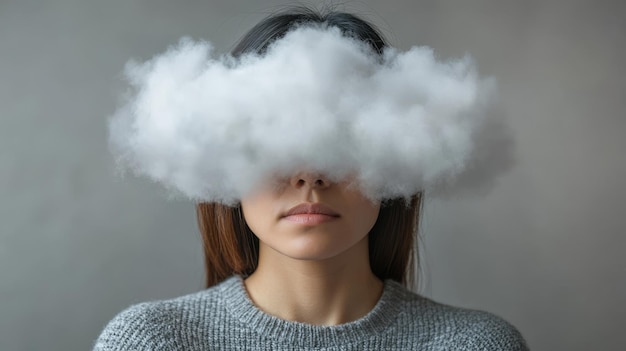 Young Woman with Cloudy Thoughts Enveloping Her Face Depicting Depression and Anxiety