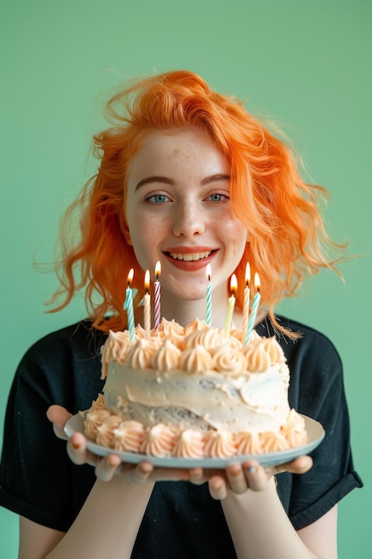 Photo young woman with color hair holding birthday cake