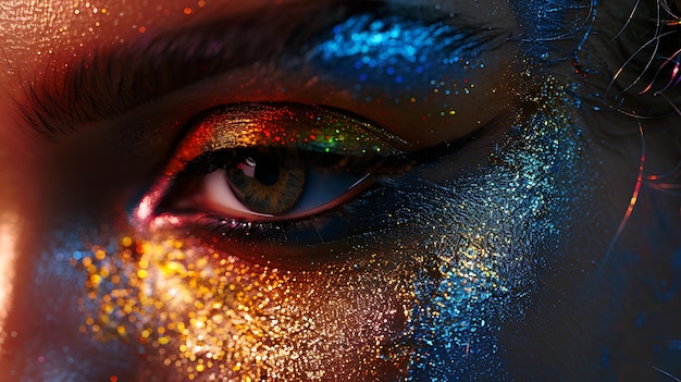 a young woman with colored glitter on her eyes and the eyes painted with colorful glitter