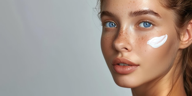 young woman with cosmetic cream on her face skin care Generative AI