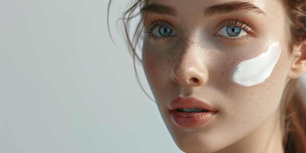 young woman with cosmetic cream on her face skin care Generative AI