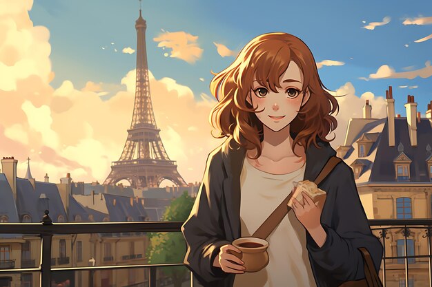 A young woman with a croissant and a cup of coffee on a city walk