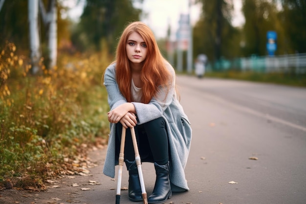 A young woman with a crutch posing outside created with generative ai