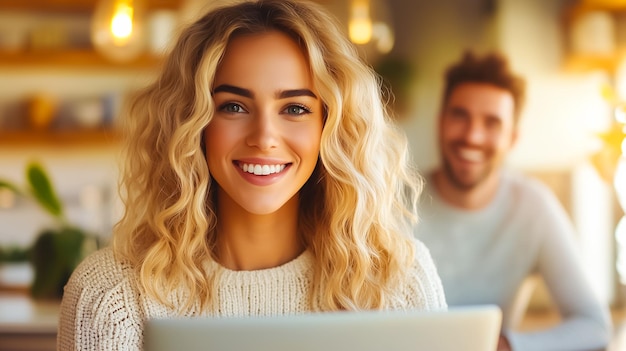 A young woman with curly blonde hair sits at a table in a warm coffee shop happily working on her laptop while a smiling friend enjoys the atmosphere behind her