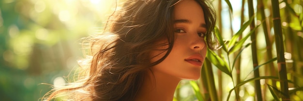 Young woman with curly hair in a bamboo grove