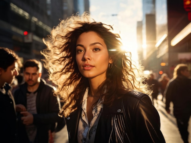 young woman with curly hair in casual clothes looking at the camera while standing on the stree