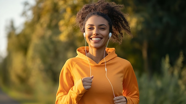 A young woman with curly hair is jogging outdoors while listening to music through earphones She is wearing a bright orange hoodie and has a happy expression on her face