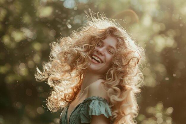 A young woman with curly hair laughs joyfully under the golden sunlight in a lush forest her carefree expression radiating happiness and freedom