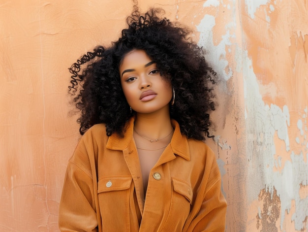 Photo young woman with curly hair leaning against a weathered peachcolored wall