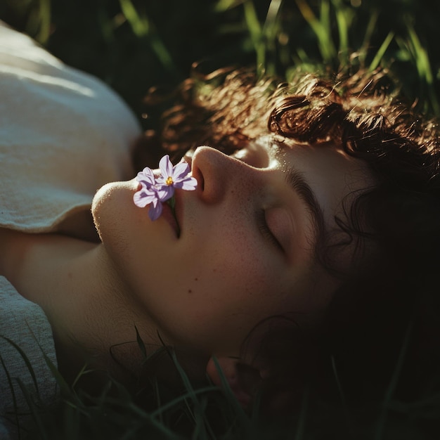 Photo young woman with curly hair lying in a field of grass with a purple flower in her mouth