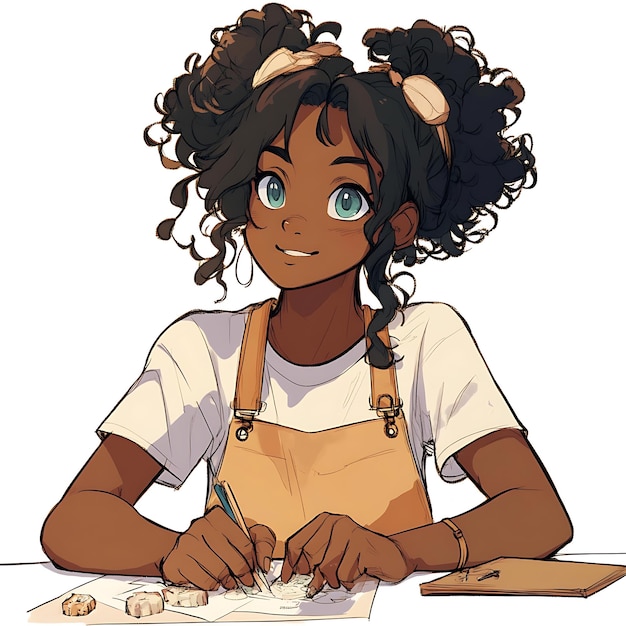 Photo young woman with curly hair in overalls drawing in a notebook