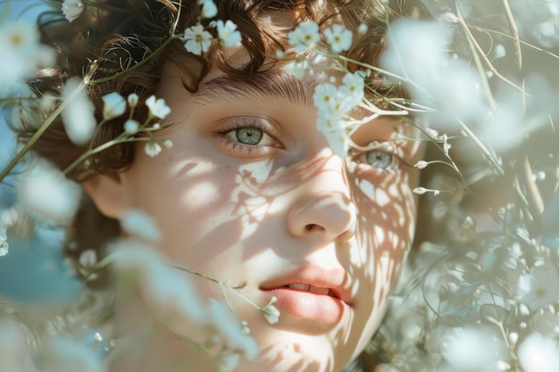 Photo young woman with curly hair posing with white flowers and sunlight on her face