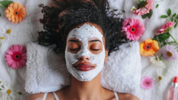 A young woman with curly hair relaxes on a white towel with a facial mask on she has her eyes closed