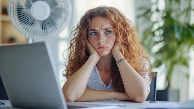 Photo young woman with curly hair shows frustration while working at a laptop in a bright modern workspace during the day